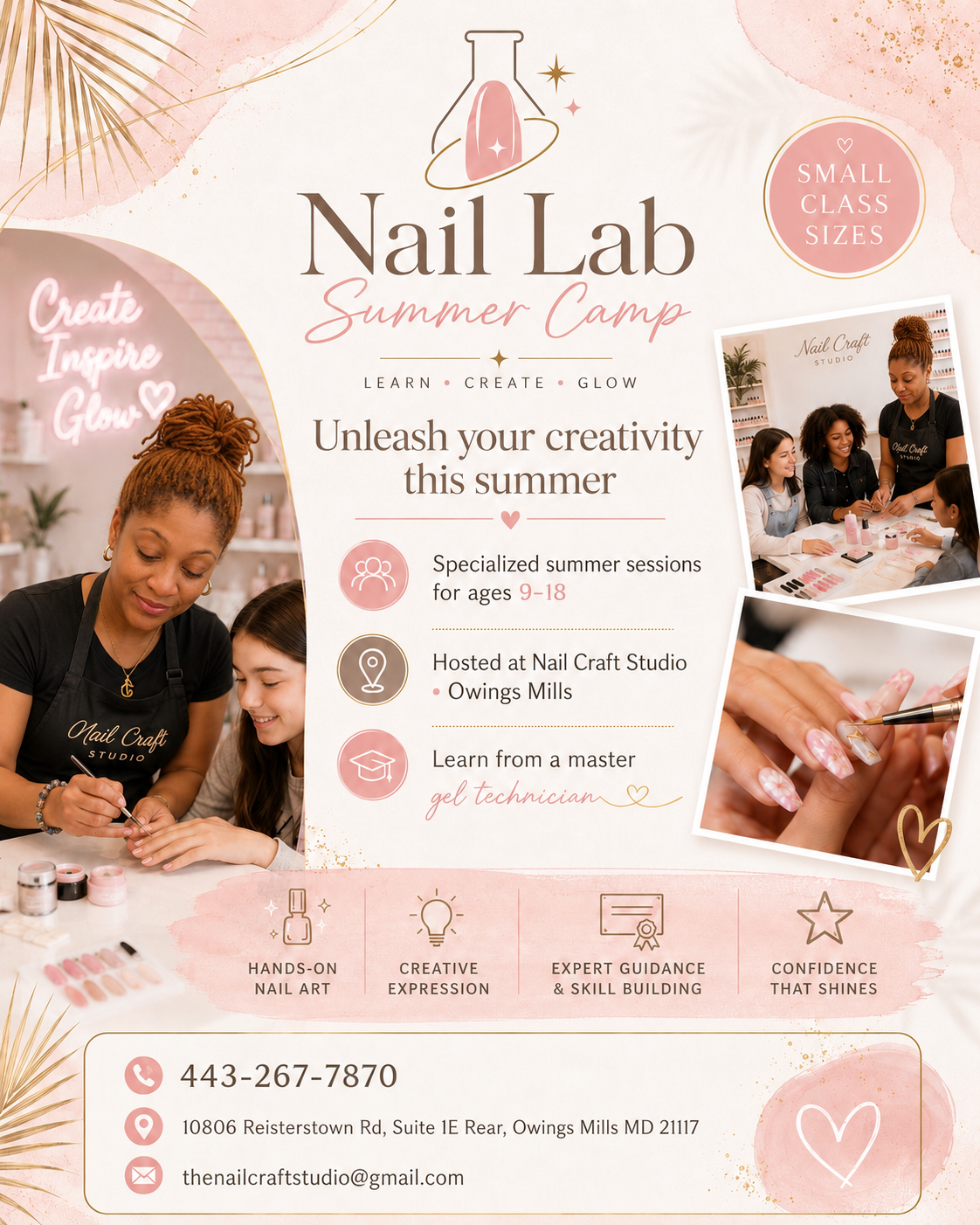Nail Lab Summer Camp flyer — specialized summer sessions for ages 9 to 18 at Nail Craft Studio in Owings Mills