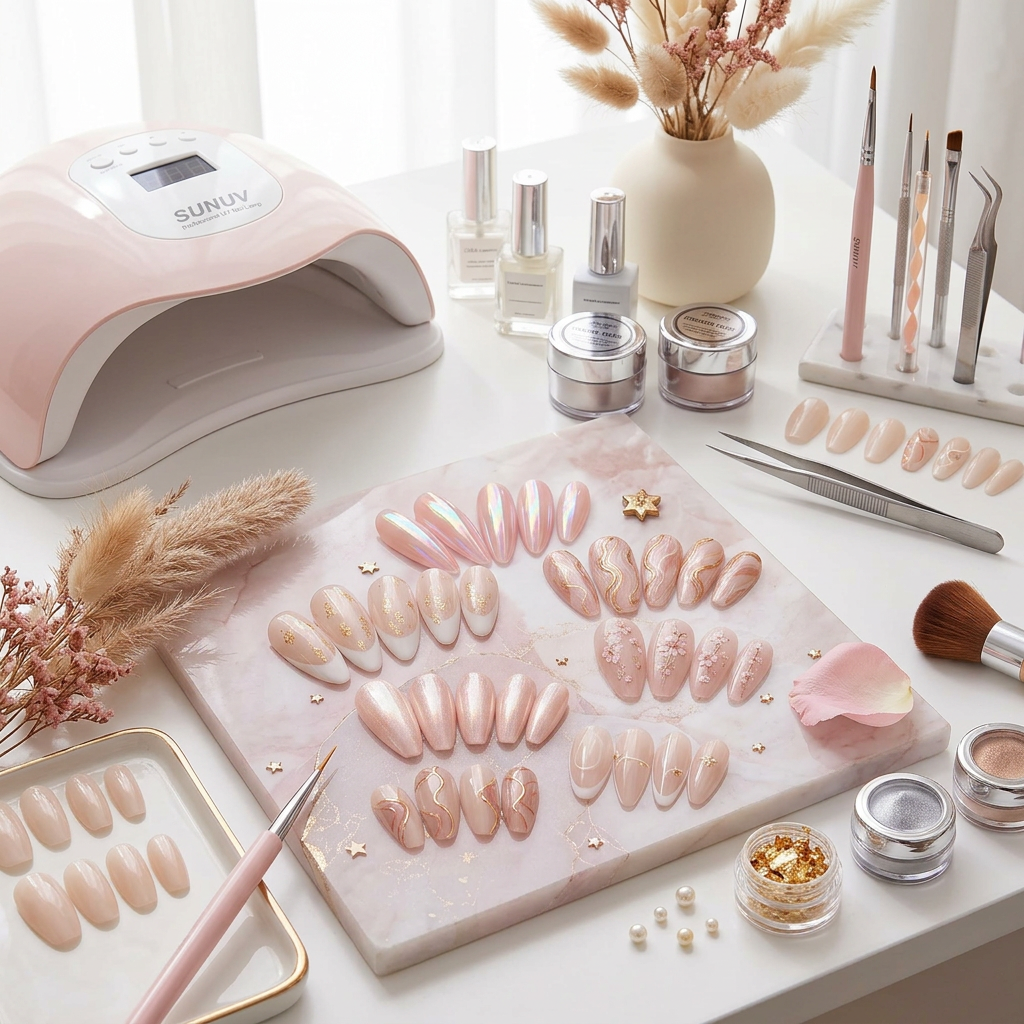 Artistic press-on nails with pastel and gold designs